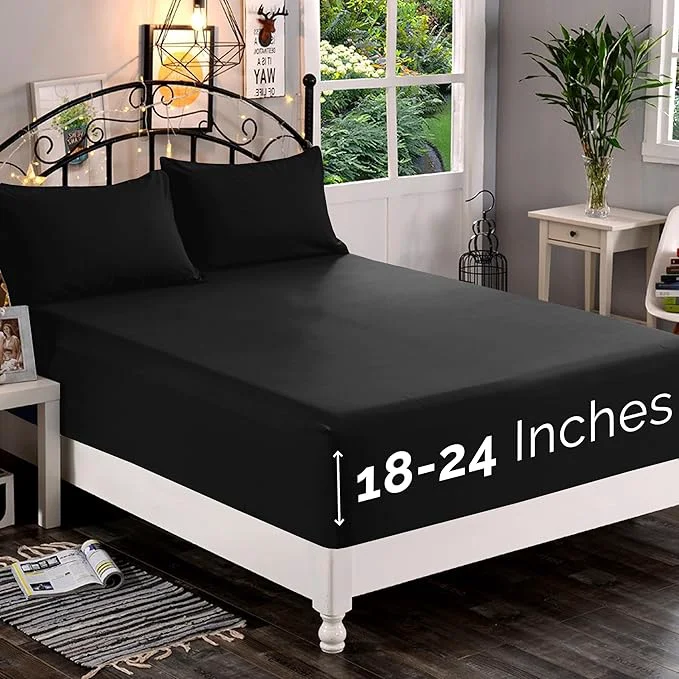 Exclusive Elegant Comfort 1500 Premium Quality Fitted Sheet Ultra Soft 18-24 Inch Extra Deep Pocket – Single Fitted Sheet for High Mattress – Wrinkle with Smart Storage Pockets Queen Black Reliable