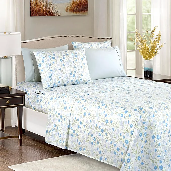 Convenient Elegant Comfort Softest and Coziest 6-Piece Sheet Set – 1500 Premium Hotel Quality Microfiber – Deep Pocket Wrinkle Resistant 6-Piece Floral Bed Sheet Set Queen Laurel Blue Solid