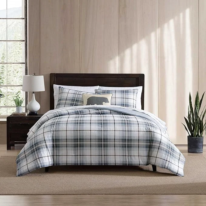 Sustainable Eddie Bauer – Twin Comforter Set Reversible Plaid Bedding with Matching Sham Medium-Weight for Year Round Use Dorm Essentials Alder Blue Grey Safe