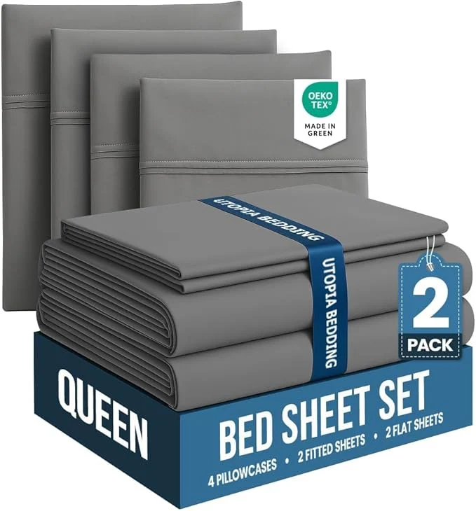 Fine Crafted Utopia Bedding Queen Bed Sheets Set – Pack of 2 Sheet Sets – for Spa Hotel amp Guest Bedroom – Brushed Microfiber – Shrinkage and Fade Resistant – Easy Care Grey Superior