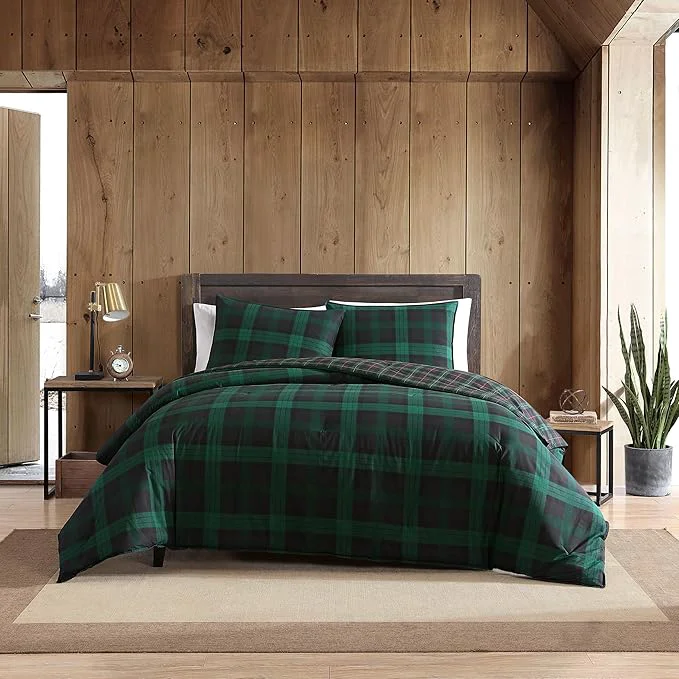 Expertly Made Eddie Bauer – Twin Comforter Set Reversible Cotton Bedding with Matching Sham Medium-Weight for Year Round Use Dorm Essentials Woodland Tartan Green Eco-Friendly