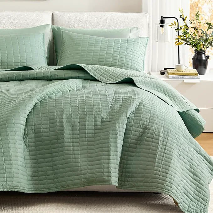 High-Grade Comfort Spaces Kienna Quilt Set- Double Sided Stitching Design Summer Blanket Lightweight Soft All Season Bedding Layer Matching Sham Sage Green Coverlet Full Queen 90 quot x90 quot 3 Piece Innovative