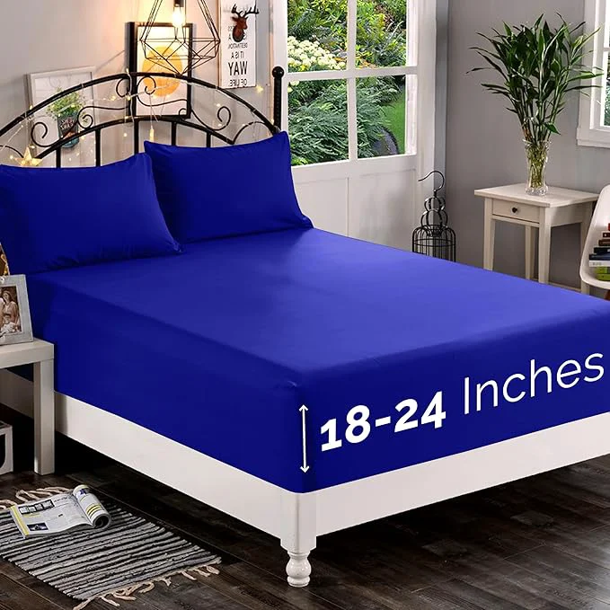 Optimized Elegant Comfort 1500 Premium Quality Fitted Sheet Ultra Soft 18-24 Inch Extra Deep Pocket – Single Fitted Sheet for High Mattress – Wrinkle with Smart Storage Pockets Queen Royal Blue Effective