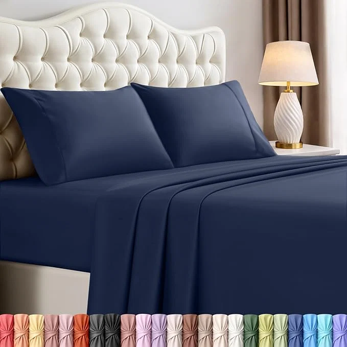 Sustainable Utopia Bedding King Size Sheet Set – 4 Piece Bed Sheets Soft and Breathable Microfiber Includes 1 Fitted Sheet 1 Flat Sheet and 2 Pillowcases – Oeko Tex Navy Blue Dependable