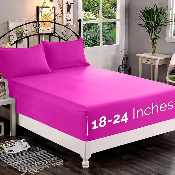 Professional Elegant Comfort 1500 Premium Quality Fitted Sheet Ultra Soft 18-24 Inch Extra Deep Pocket – Single Fitted Sheet for High Mattress – Wrinkle with Smart Storage Pockets California King Hot Pink Refined