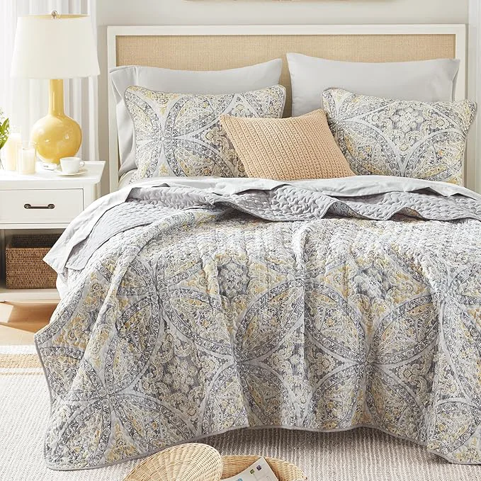 Smooth Comfort Spaces Boho Quilt Set King Reversible Vermicelli Quilting King Size Bed All Season Lightweight Coverlet Winter Layer Bedding Shams Gloria King Grey Yellow 3 Piece Luxury
