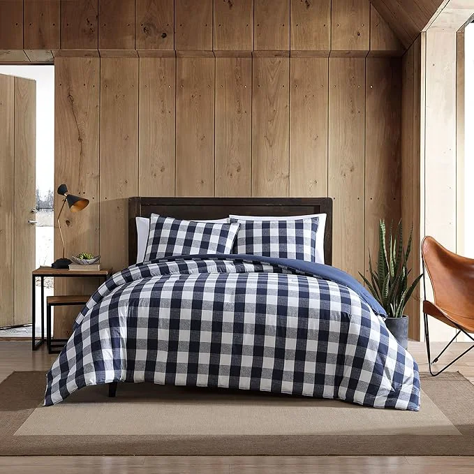 Specialty Eddie Bauer – Queen Comforter Set Reversible Cotton Bedding with Matching Shams Stylish Plaid Home Decor Lakehouse Blue Queen Minimalist