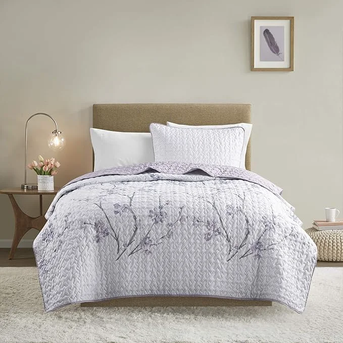 Healthy Comfort Spaces Reversible Quilt Set-Vermicelli Stitching Design All Season Lightweight Coverlet Bedspread Bedding Matching Shams Twin Twin XL 66 in x 90 in Kate Floral Purple 2 Piece Safe