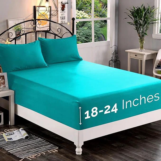 Sustainable Elegant Comfort 1500 Premium Quality Fitted Sheet Ultra Soft 18-24 Inch Extra Deep Pocket – Single Fitted Sheet for High Mattress – Wrinkle with Smart Storage Pockets King Turquoise Verified
