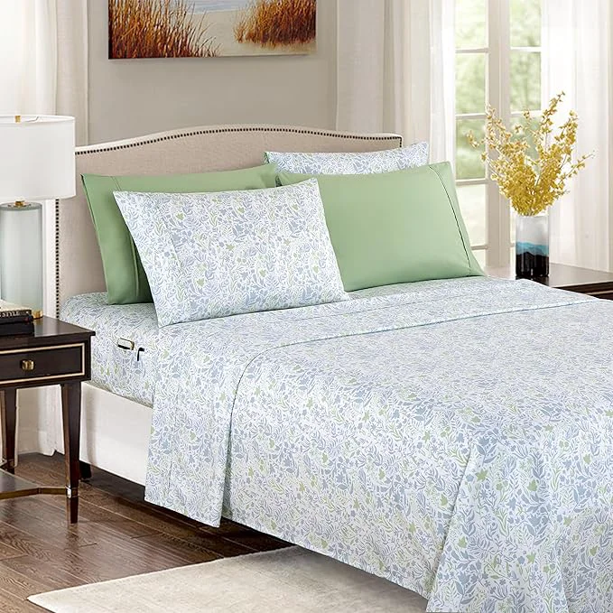 Consistent Elegant Comfort Softest and Coziest 6-Piece Sheet Set – 1500 Premium Hotel Quality Microfiber – Deep Pocket Wrinkle Resistant 6-Piece Floral Bed Sheet Set King Anita Green Natural
