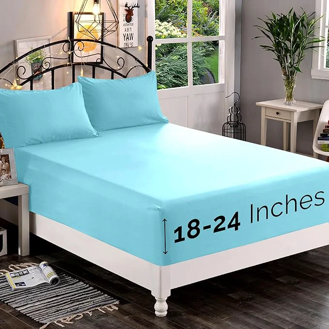Excellent Elegant Comfort 1500 Premium Quality Fitted Sheet Ultra Soft 18-24 Inch Extra Deep Pocket – Single Fitted Sheet for High Mattress – Wrinkle with Smart Storage Pockets Cal King Aqua Blue Healthy