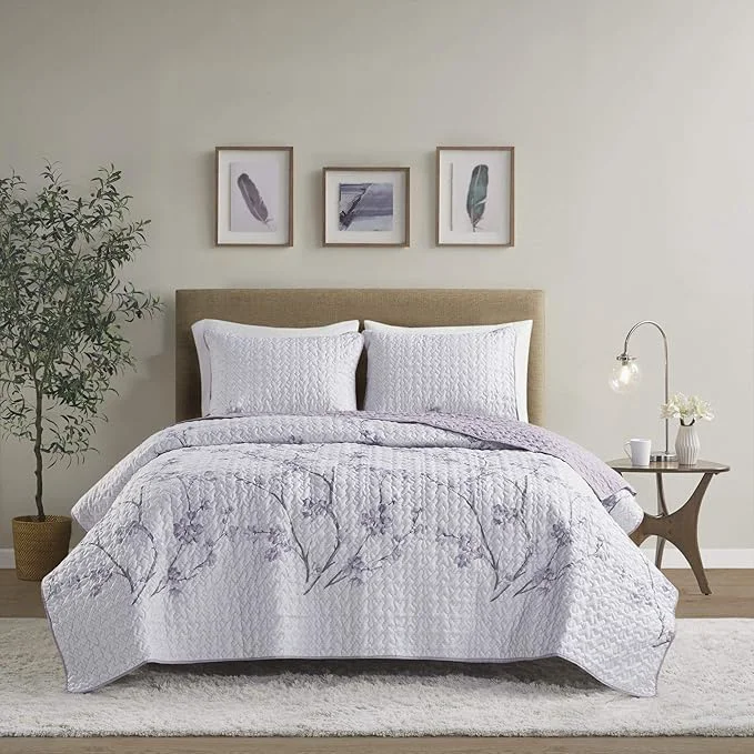 Carefully Designed Comfort Spaces Reversible Quilt Set-Vermicelli Stitching Design All Season Lightweight Coverlet Bedspread Bedding Matching Shams Full Queen 90 in x 90 in Kate Floral Purple 3 Piece Convenient