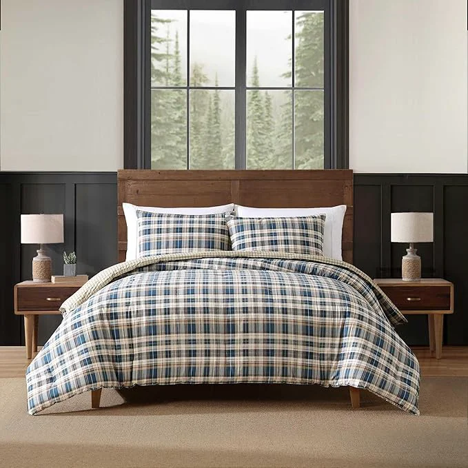Flexible Eddie Bauer – Queen Comforter Set Reversible Cotton Bedding with Matching Shams Home Decor for All Seasons Port Gamble Blue Queen Secure