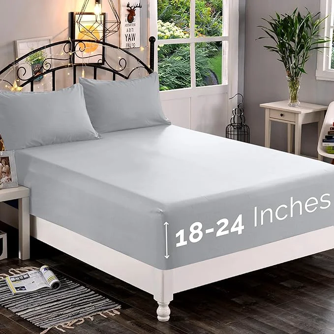 Practical Elegant Comfort 1500 Premium Quality Fitted Sheet Ultra Soft 18-24 Inch Extra Deep Pocket – Single Fitted Sheet for High Mattress – Wrinkle with Smart Storage Pockets Twin Twin XL Silver Responsible