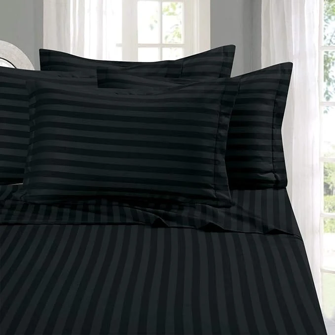 Enhanced Elegant Comfort Softest Coziest 6-Piece Sheet Sets – 1500 Premier Hotel Quality Luxurious Wrinkle Resistant 6-Piece Damask Stripe Bed Sheet Set California King Black Dependable