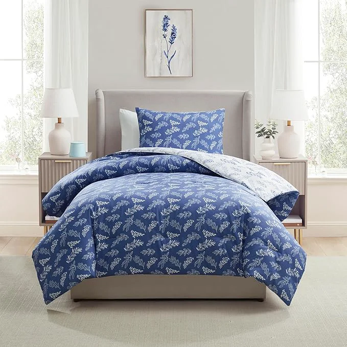 High-End Nestl Twin Twin XL Comforter Set – Slate Blue Bed in a Bag Twin 2 Pieces Reversible Bed Set Soft Floral Bedding Set for College Dorm All Season Botanical Comforters with Pillow Sham Outstanding
