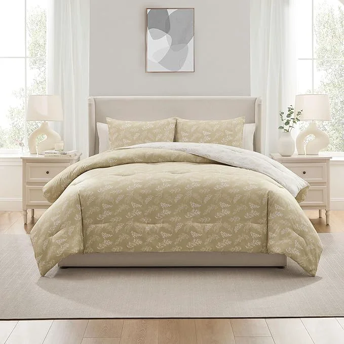 High-End Nestl Queen Comforter Set – Oatmeal Bed in a Bag Queen Size 3 Pieces Reversible Bed Set Soft Floral Bedding Set All Season Botanical Comforters with Pillow Shams Enhanced