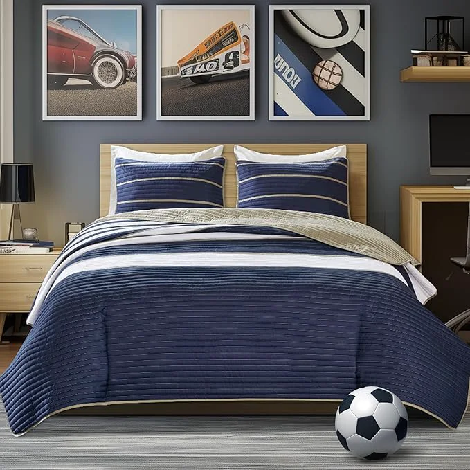 Exceptional Comfort Spaces Quilt Set Trendy Casual Fun Vibrant Color Design Hypoallergenic All Season Lightweight Coverlet Bedspread Cozy Kids Bedding amp Sham Full Queen Verone White Blue Stripe 3 Piece User-Friendly