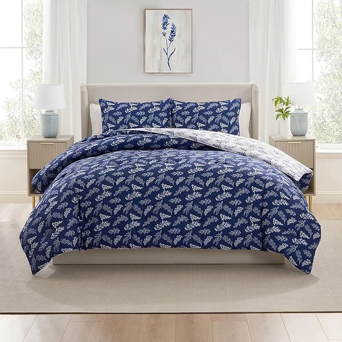 Clean Nestl King Size Comforter Set – Majestic Blue Bed in a Bag King Size 3 Pieces Reversible Bed Set Soft Floral Bedding Set All Season Botanical Comforters with Pillow Shams Fashionable