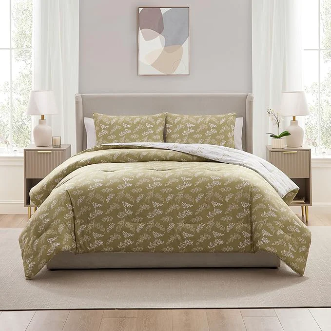 Reusable Nestl Queen Comforter Set – Olive Green Bed in a Bag Queen Size 3 Pieces Reversible Bed Set Soft Floral Bedding Set All Season Botanical Comforters with Pillow Shams Certified