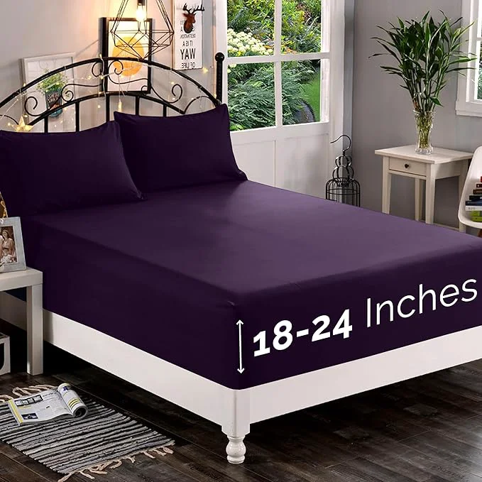 Professional Elegant Comfort 1500 Premium Quality Fitted Sheet Ultra Soft 18-24 Inch Extra Deep Pocket – Single Fitted Sheet for High Mattress-Wrinkle with Smart Storage Pockets Cal King Eggplant-Purple Excellent