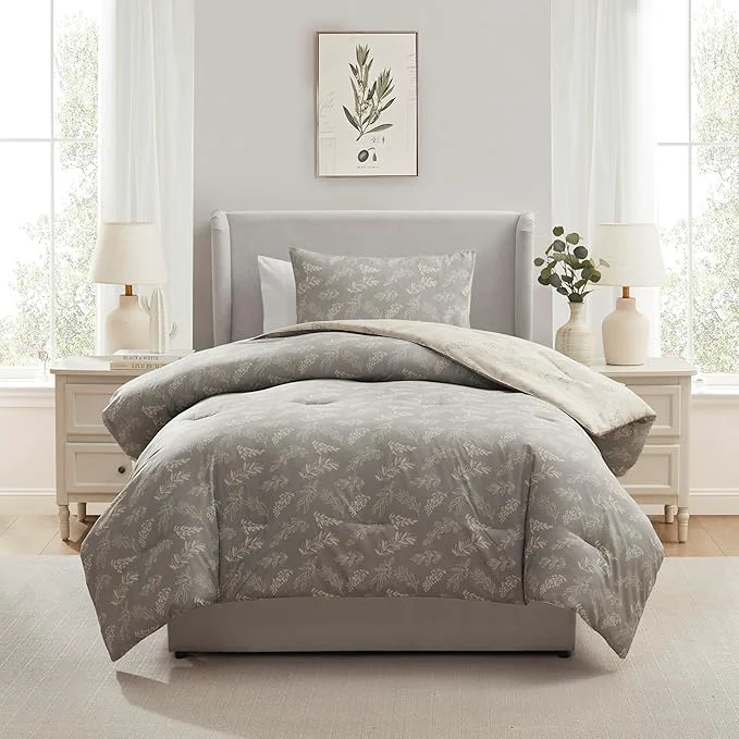 Premium Nestl Twin Twin XL Comforter Set – Grey Bed in a Bag Twin 2 Pieces Reversible Bed Set Soft Floral Bedding Set for College Dorm All Season Botanical Comforters with Pillow Sham Genuine