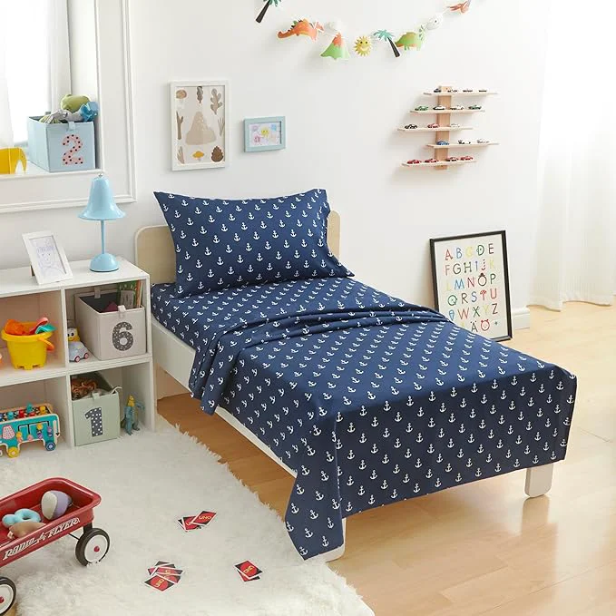 Elite Amazon Basics Kid 39 s Soft Easy-Wash Lightweight Microfiber 3-Piece Sheet Set Toddler Navy White Anchors Easy-to-Use