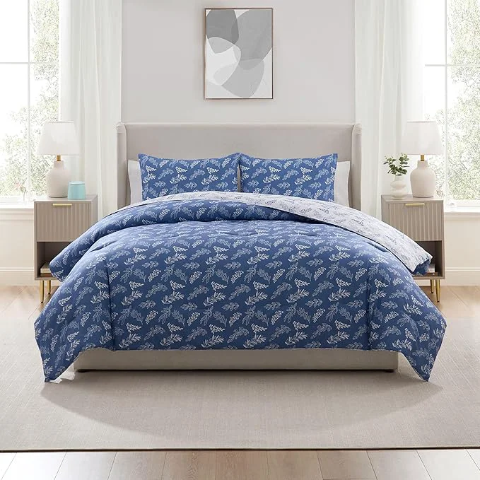 User-Friendly Nestl Queen Comforter Set – Slate Blue Bed in a Bag Queen Size 3 Pieces Reversible Bed Set Soft Floral Bedding Set All Season Botanical Comforters with Pillow Shams Expertly Made