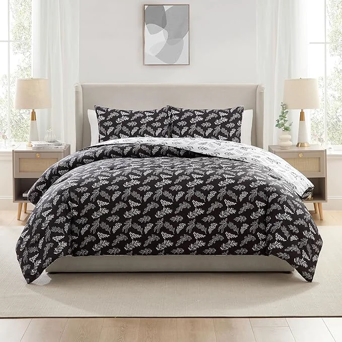 Authentic Nestl Full Size Comforter Sets – Black Bed in a Bag Full Size 3 Pieces Reversible Bed Set Soft Floral Bedding Set All Season Botanical Comforters with Pillow Shams Proven