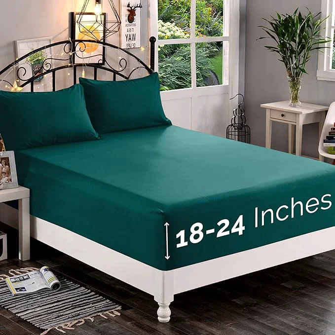 Fast Elegant Comfort 1500 Premium Quality Fitted Sheet Ultra Soft 18-24 Inch Extra Deep Pocket – Single Fitted Sheet for High Mattress – Wrinkle with Smart Storage Pockets King Marine Teal Relaxed