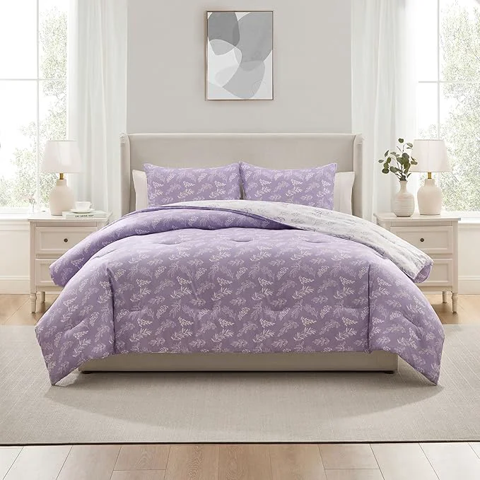 Innovative Nestl Queen Comforter Set – Lavender Bed in a Bag Queen Size 3 Pieces Reversible Bed Set Soft Floral Bedding Set All Season Botanical Comforters with Pillow Shams Quality