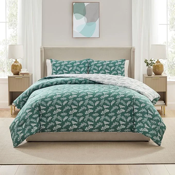 Organic Nestl Queen Comforter Set – Green Bed in a Bag Queen Size 3 Pieces Reversible Bed Set Soft Floral Bedding Set All Season Botanical Comforters with Pillow Shams Verified