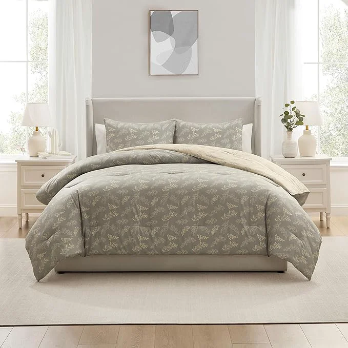 Effective Nestl Full Size Comforter Sets – Grey Bed in a Bag Full Size 3 Pieces Reversible Bed Set Soft Floral Bedding Set All Season Botanical Comforters with Pillow Shams Quality