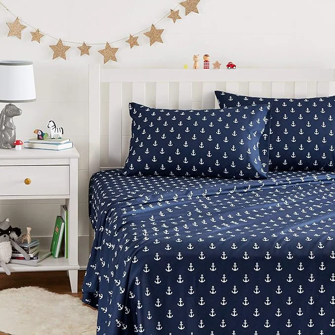 Natural Amazon Basics Kid 39 s Soft Breathable Easy-Wash Microfiber 4-Piece Sheet Set Full White Anchors