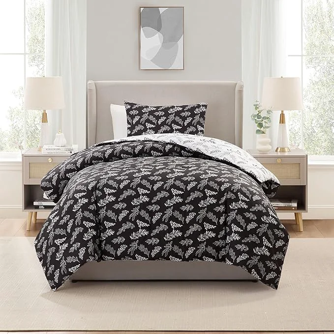 Fine Nestl Twin Twin XL Comforter Set – Black Bed in a Bag Twin 2 Pieces Reversible Bed Set Soft Floral Bedding Set for College Dorm All Season Botanical Comforters with Pillow Sham Enhanced