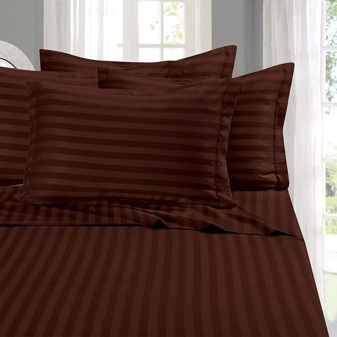 Powerful Elegant Comfort Softest and Coziest 4-Piece Sheet Set – 1500 Premium Hotel Quality Microfiber – Luxurious Wrinkle Resistant 4-Piece Damask Stripe Bed Sheet Set Twin Chocolate Brown Fine Crafted