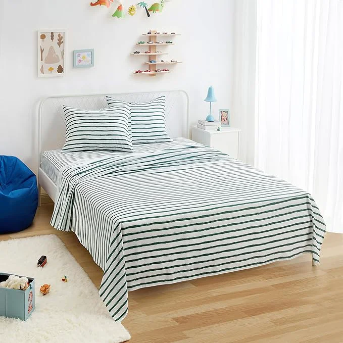 Excellent Amazon Basics Microfiber Kids 39 Sheet Set with 2 Pillowcases 4-Piece Green Stripes Queen Easy-to-Use