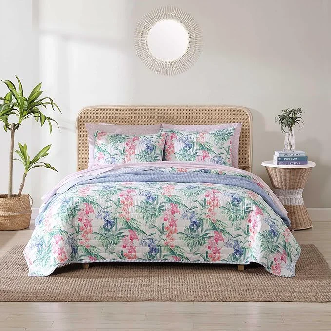Contemporary Tommy Bahama – Queen Quilt Set Reversible Cotton Coastal Bedding with Matching Shams Colorful Botanical Bedding Set Island Orchid Pink Blue Innovative