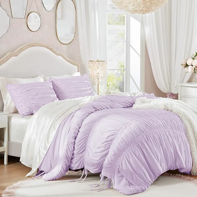 Versatile Intelligent Design Queen Comforter Set Ruched Shabby Chic Comforters for Queen Size Bed All Season Lightweight Purple Ruffle French Country Bedding Set Shams Ella Full Queen Lavender 3 Piece Excellent