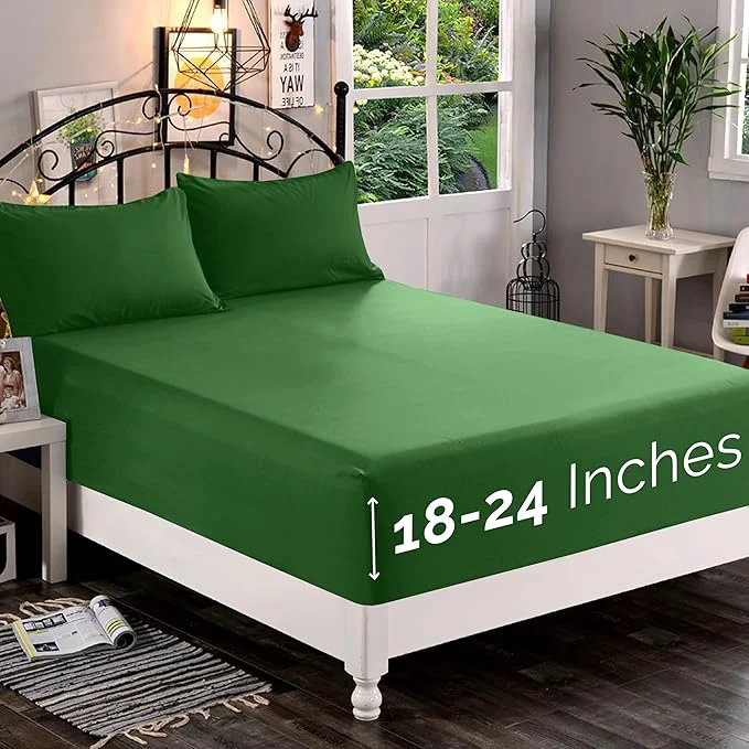 Elegant Comfort 1500 Premium Quality Fitted Sheet Ultra Soft 18-24 Inch Extra Deep Pocket – Single Fitted Sheet for High Mattress – Wrinkle with Smart Storage Pockets King Hunter Green Easy-to-Use