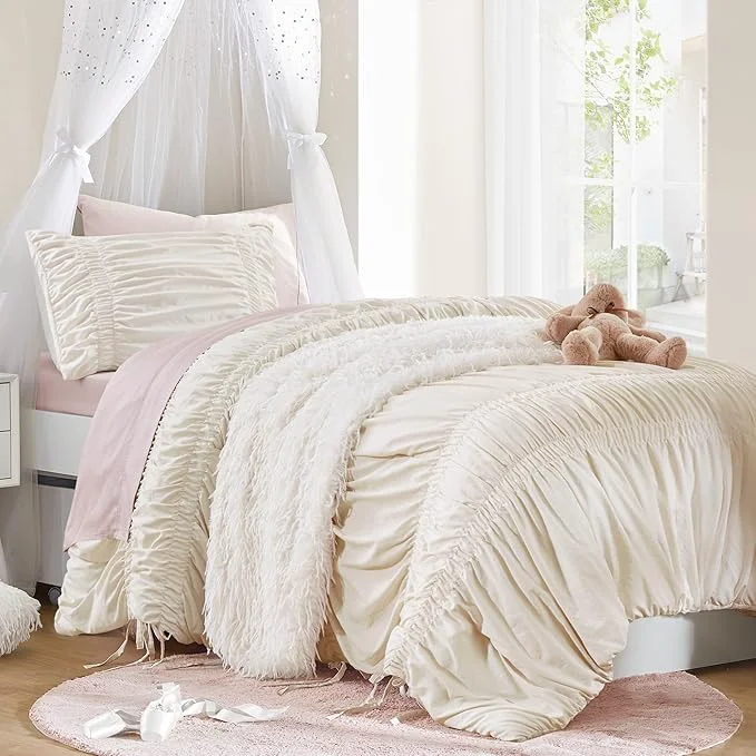 Functional Intelligent Design Ruched Shabby Chic Comforters for Twin Size Bed All Season Lightweight Comforter Twin French Country Bedding Set Sham Ella Twin Twin XL Ivory 2 Piece Modern
