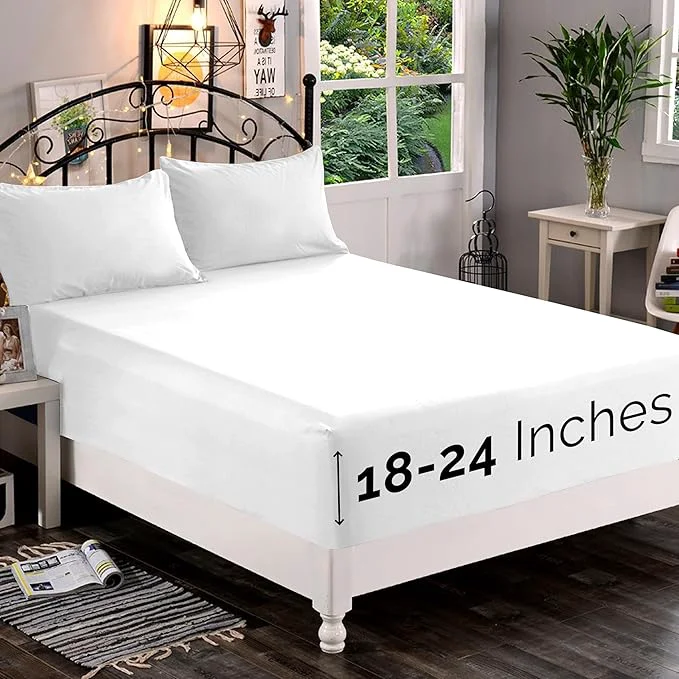 Sophisticated Elegant Comfort 1500 Premium Quality Fitted Sheet Ultra Soft 18-24 Inch Extra Deep Pocket – Single Fitted Sheet for High Mattress – Wrinkle with Smart Storage Pockets California King White Crafted