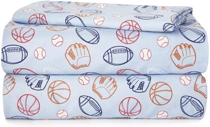 Elite Heritage Kids 3-Piece Twin Bedding Set Sports Print in Blue Includes Top Cover Fitted Sheet amp Pillowcase Soft amp Cozy Kids Bed Set Refined