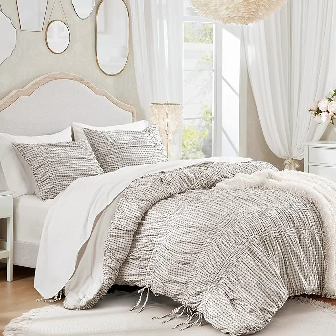 Trendy Intelligent Design Ella Queen Comforter Set – Ruched Gingham Shabby Chic Bedding Bow-Tie Detail All Season Lightweight 3 Piece Bedding Set Sham Full Queen Brown Optimized