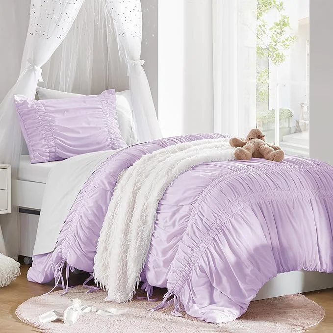 Artisan Intelligent Design Twin Comforter Set Ruched Shabby Chic Comforters for Twin Size Bed All Season Lightweight Purple Ruffle French Country Bedding Set Sham Ella Twin Twin XL Lavender 2 Piece Natural