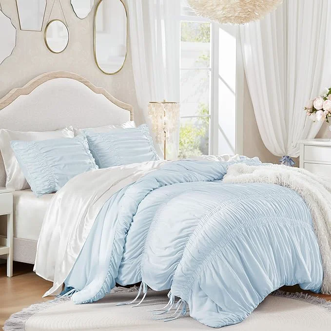 Prestigious Intelligent Design Ruched Shabby Chic Comforters for King Size Bed All Season Lightweight Comforter King French Country Bedding Set Sham Ella King Cal King Blue 3 Piece Relaxed