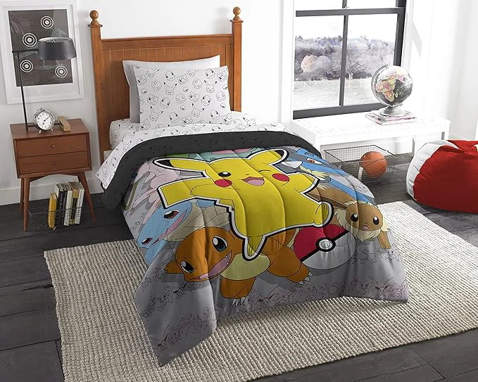 Elite Northwest Pokemon Twin Sized Bed in a Bag Set Pikachu Squirtle Eevee Charmander Anime Bedding for Girls Boys Battle Squad Secure