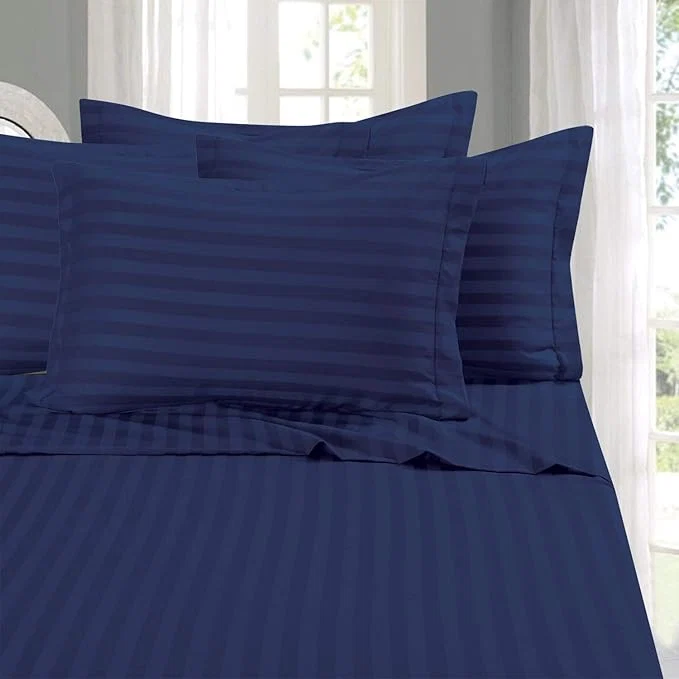 Powerful Elegant Comfort Softest Coziest 6-Piece Sheet Sets – 1500 Premier Hotel Quality Luxurious Wrinkle Resistant 6-Piece Damask Stripe Bed Sheet Set Full Navy Blue Long-Lasting