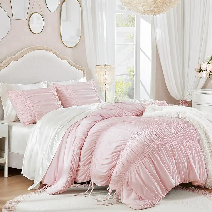 Expertly Made Intelligent Design Queen Comforter Set Ruched Shabby Chic Comforters for Queen Size Bed All Season Lightweight Comforter Queen French Country Bedding Set Shams Ella Full Queen Pink 3 Piece Smooth