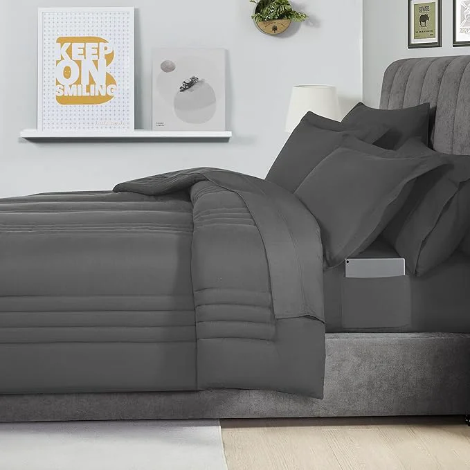 Fashionable Full Size Comforter Set Quilted Stripe Bedding Bundle – Comforter Mattress Protector Sheets with Pockets on the Side amp Built-in Corner Strap – Fitted Sheet Media Pocket for Devices Charcoal Smart